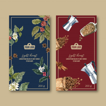 Coffee packaging bag with branch leaves bean, vintage, watercolor illustration Free Vector