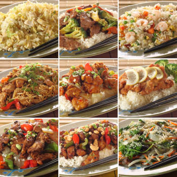 Collection of asian food dishes. Including sweet and sour chicken, beef and broccoli, chicken chow mein, Kung Pao chicken and more.