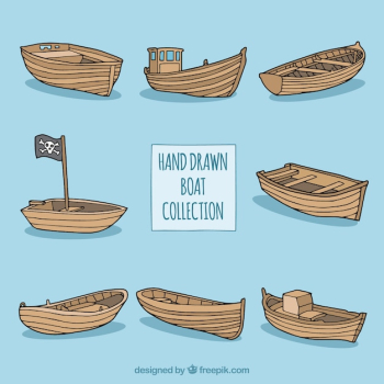 Collection of hand-drawn wooden boats Collection of hand-drawn wooden boats