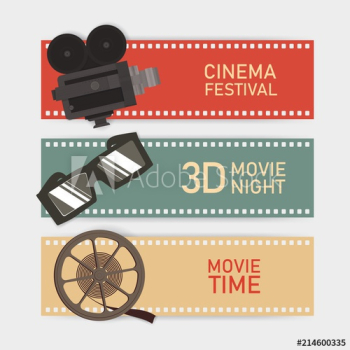Collection of horizontal web banner templates with retro camera, 3d glasses, reel and film perforation border