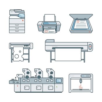 Collection of linear,flat Offset Printer,3D printer,Scanner,Laser printer,Plotter machine,Cutting plotter,InkJet printer,Copy Machine,photo,large format Printer.Vector illustration. Isolated on white