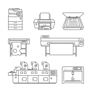 Collection of linear,flat Offset Printer,3D printer,Scanner,Laser printer,Plotter machine,Cutting plotter,InkJet printer,Copy Machine,photo,large format Printer.Vector illustration. Isolated on white