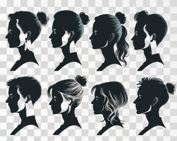 Collection of profile portraits or heads of female cartoon characters, PNG transparent background