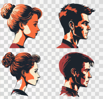 Collection of profile portraits or heads of male and female cartoon characters, PNG transparent background