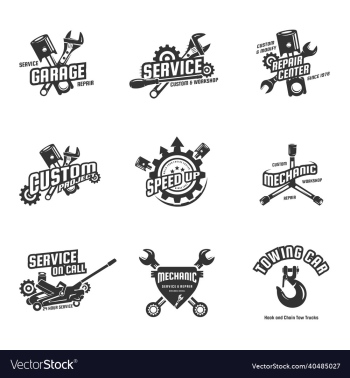 collection of workshop and mechanic logos