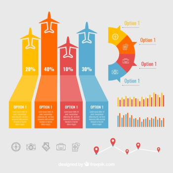 Color infographics with planes and graphs