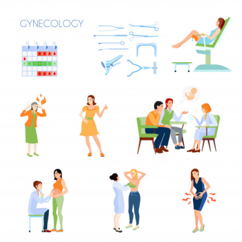 Colored and isolated gynecology flat icon set with instruments attributes family planning with a doctor Free Vector