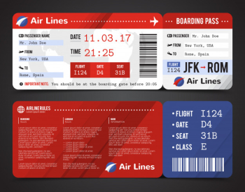 Colored and realistic boarding pass design composition with name of airline time and name on ticket Free Vector