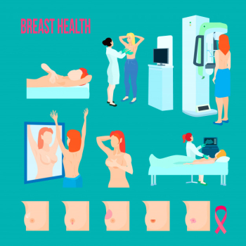 Colored flat and isolated breast disease icon set with different disease and ways to treat and recognize disease Free Vector