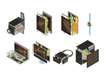 Colored gadgets scheme isometric icon set with computer reserve parts and microcircuit vector illustration Free Vector