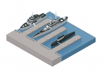 Colored military boats isometric 3d composition with ships moored near the shore vector illustration Free Vector