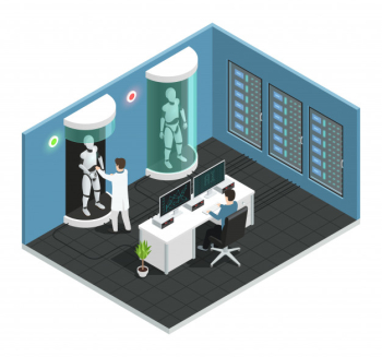 Colored realistic artificial intelligence isometric composition with scientific laboratory with a scientist Free Vector