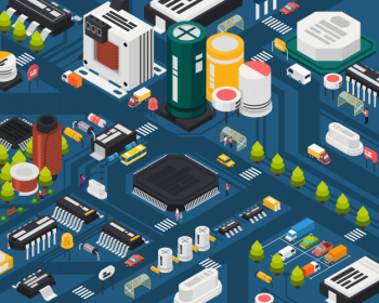 Colored semiconductor electronic components isometric city concept with different elements combined in city Free Vector