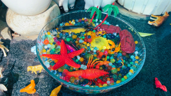 Colorful Aquarium with Toys and Decorative Marbles Colorful Aquarium with Toys and Decorative Marbles