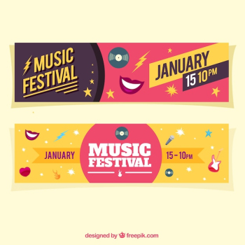 Colorful banners with musical elements in flat design