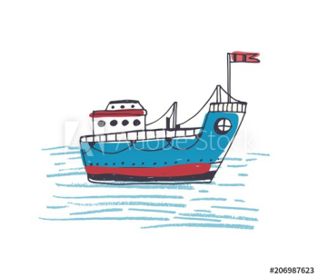 Colorful drawing of passenger ferry boat or marine vessel with flag sailing in sea