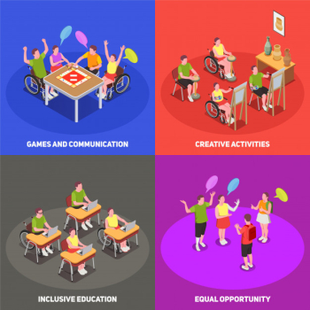 Colorful isometric 2x2 icons set with people at school with inclusive education 3d isolated Free Vector