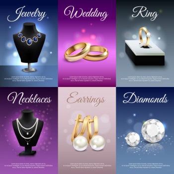 Colorful jewelry realistic banners with necklaces rings earrings diamonds Free Vector