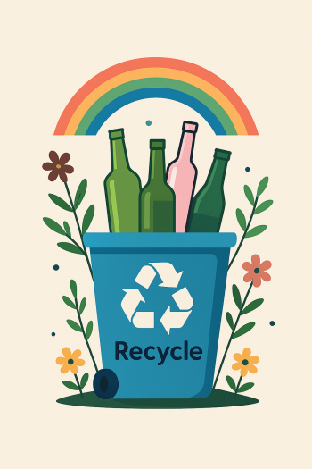 Colorful Recycling Bin with Bottles and Rainbow Colorful Recycling Bin with Bottles and Rainbow