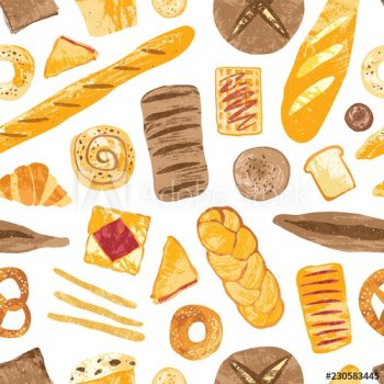 Colorful seamless pattern with tasty homemade baked breads, buns, baguettes, bagels, croissants, pretzels, toasts and wafers on white background