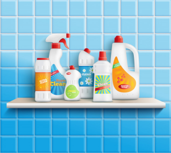 Composition of realistic detergent bottles on shelf with bathroom toilet and mirror cleaners with wall tiles vector illustration Free Vector