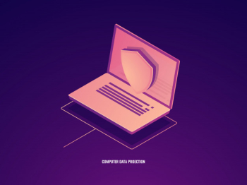 Computer data protection, laptop with shield, data safety isometric icon