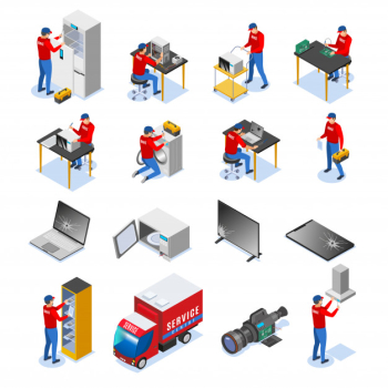 Computer tablets audio electronics devices household and business appliances repair service center isometric icons set Free Vector