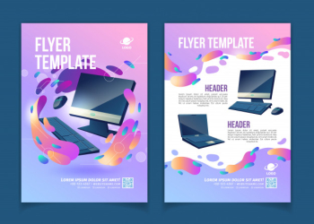 Computers trading company, innovative it or technological startup advertising flyer or banner cartoon Free Vector