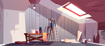 Concept of attic repair. renovation of wooden room under a roof.