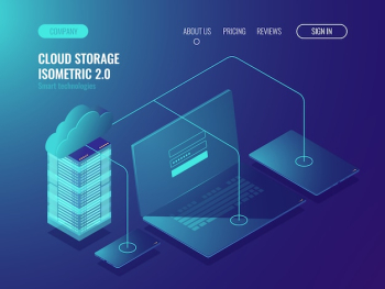 Concept of cloud storage, data transfer. Server room, big data center