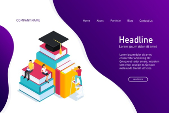 Concept of web site main page with isometric concept of e-learning. Landing page design with isometry. People, man and woman reading ebook on tablet, education step by step. Vector illustration.