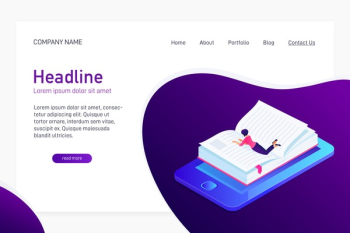 Concept web site main page with isometric concept of e-book. Landing page design with isometry. Person, woman lying and reading 3d eBook. Paper book with bookmark on phone screen. Vector illustration.