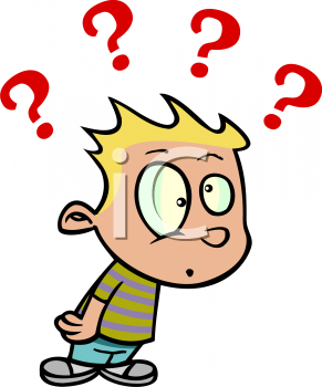 Confused boy with question marks trying to solve a riddle ...
