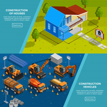 Construction vehicles isometric banners Construction vehicles isometric banners