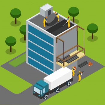 Construction workers completing building isometric banner Construction workers completing building isometric banner