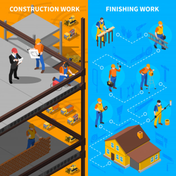Construction workers isometric banners set Construction workers isometric banners set
