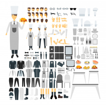 Cook character set for animation with various views, hairstyle, emotion, pose and gesture. Free Vector
