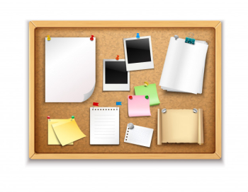 Cork board with pinned paper notepad sheets and photos realistic
