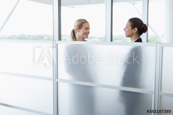 Corporate businesswomen talking face to face in office Corporate businesswomen talking face to face in office