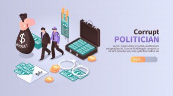 Corrupt politician horizontal banner with set of isometric icons illustrated laundering of budget money with following arrest Free Vector
