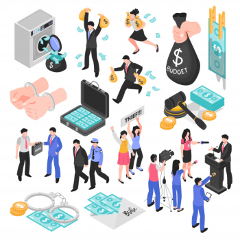 Corruption and dishonesty isometric set decorative icons representing corrupt judge business and politics embezzlement and bribery isolated Free Vector