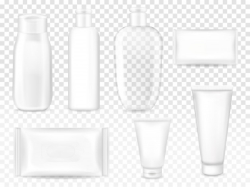 Cosmetic packages illustration of shampoo or lotion plastic bottle, facial cream tube or soap