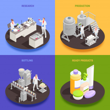 Cosmetics 2x2 design concept set of research production bottling and ready products square compositions isometric Free Vector