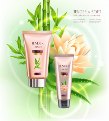 Cosmetics advertising skin softening moisturizing tender cream tubes realistic composition with lotus flower bamboo stalks Free Vector