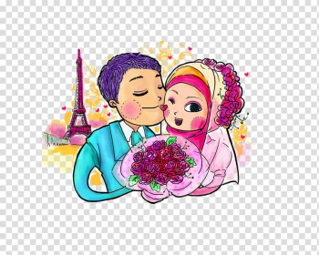 Couple beside Eiffel Tower painting, Wedding invitation Muslim Marriage Gift, Undangan Pernikahan transparent background PNG clipart