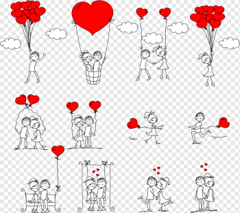 couple holding heart balloons illustration, Drawing Romance Love Stick figure, Couple holding caring, painted, text, hand png