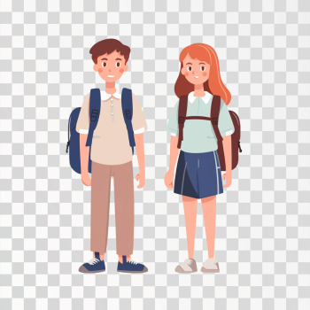 Couple of boy and girl. Portrait of school children with backpacks, Png transparent background