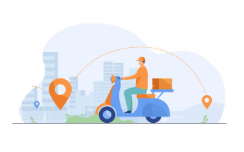 Courier shipping package at moped flat illustration Free Vector