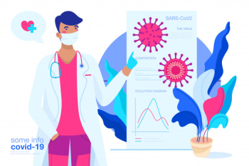Covid-19 background with doctor explaining the virus Free Vector Covid-19 background with doctor explaining the virus Free Vector
