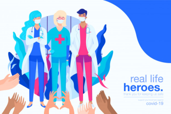 Covid-19 background with medical heroes Free Vector Covid-19 background with medical heroes Free Vector
